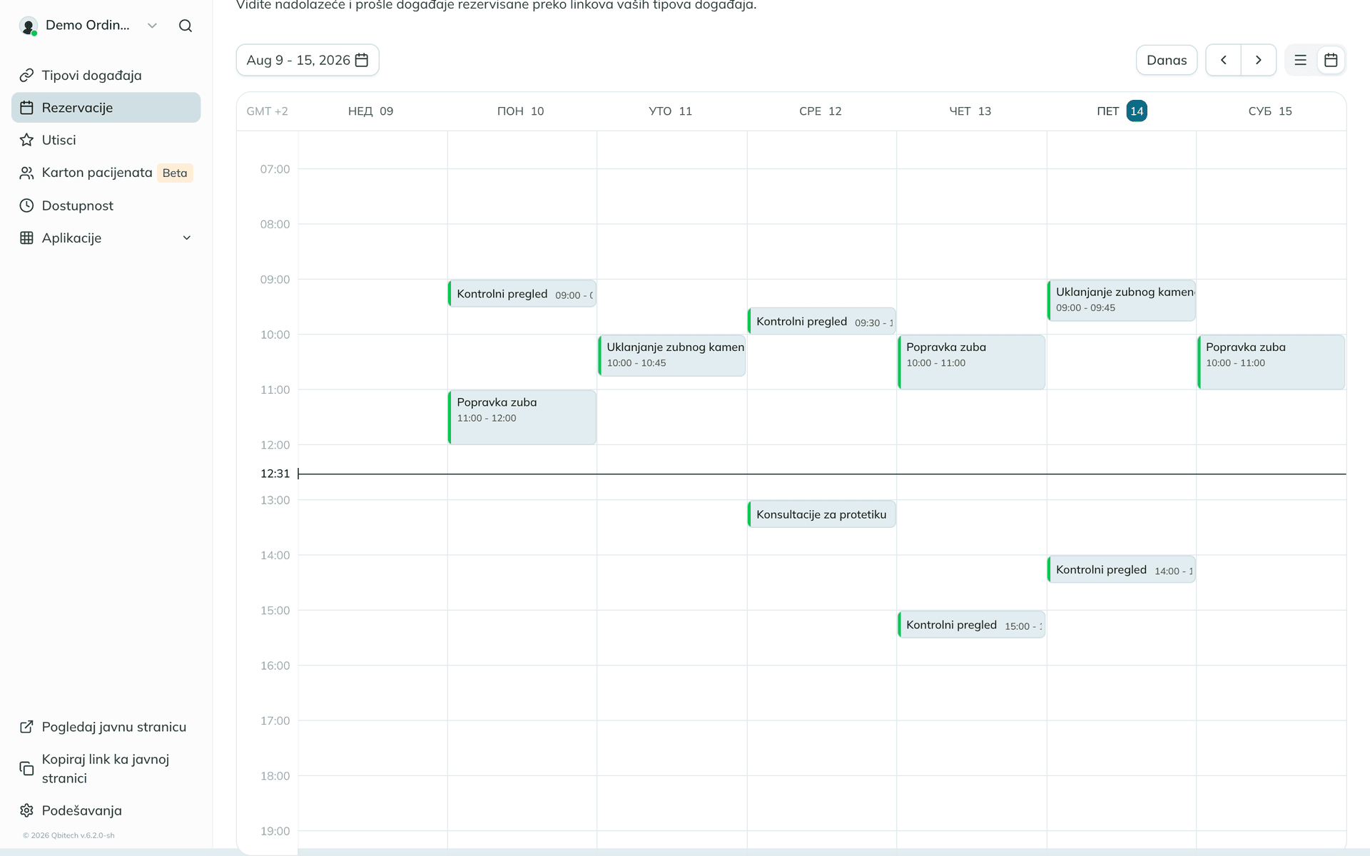 qbDent nedeljni kalendar sa terminima ordinacije (demo podaci)