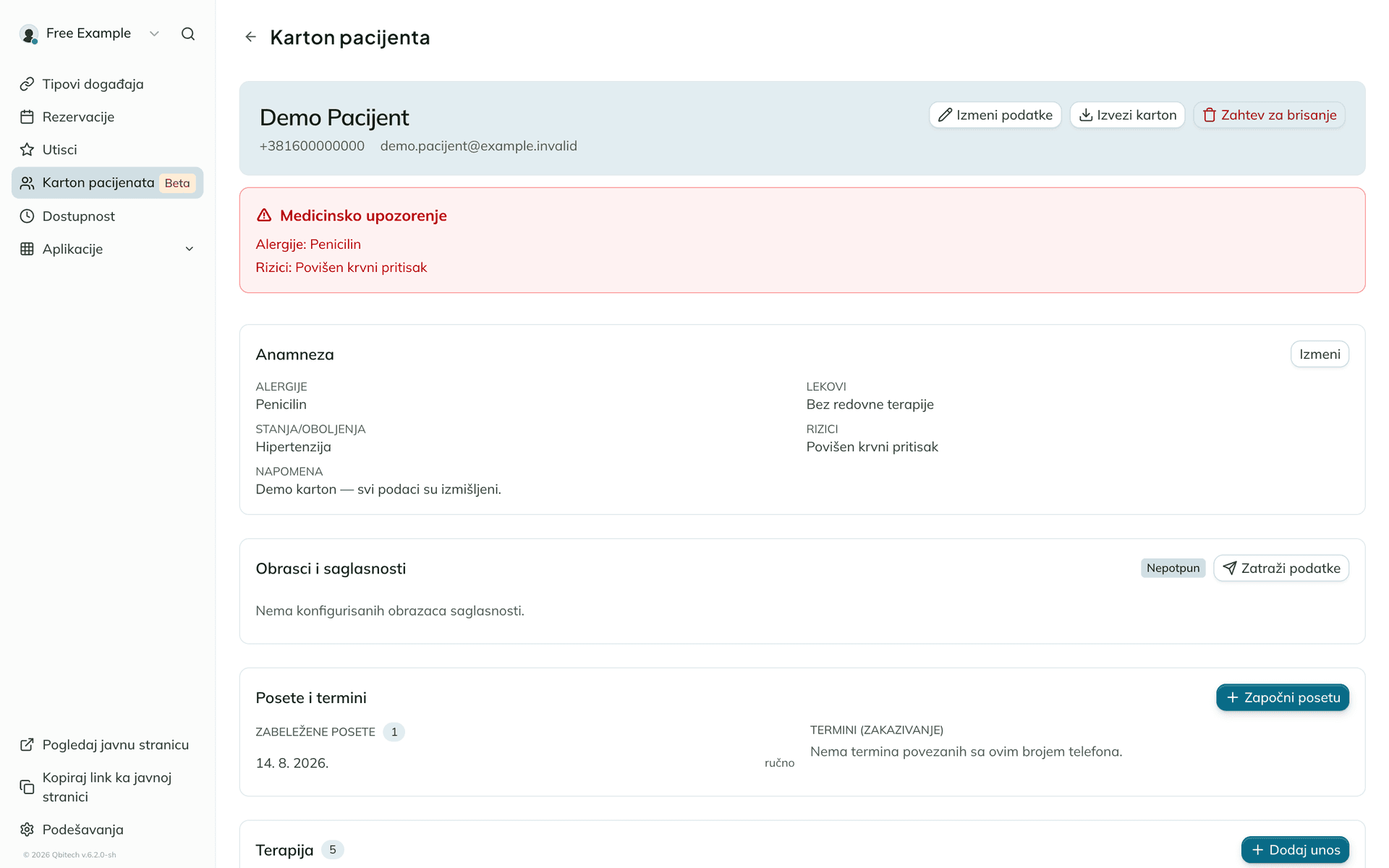qbDent: karton pacijenta sa medicinskim upozorenjem i istorijom (demo podaci)